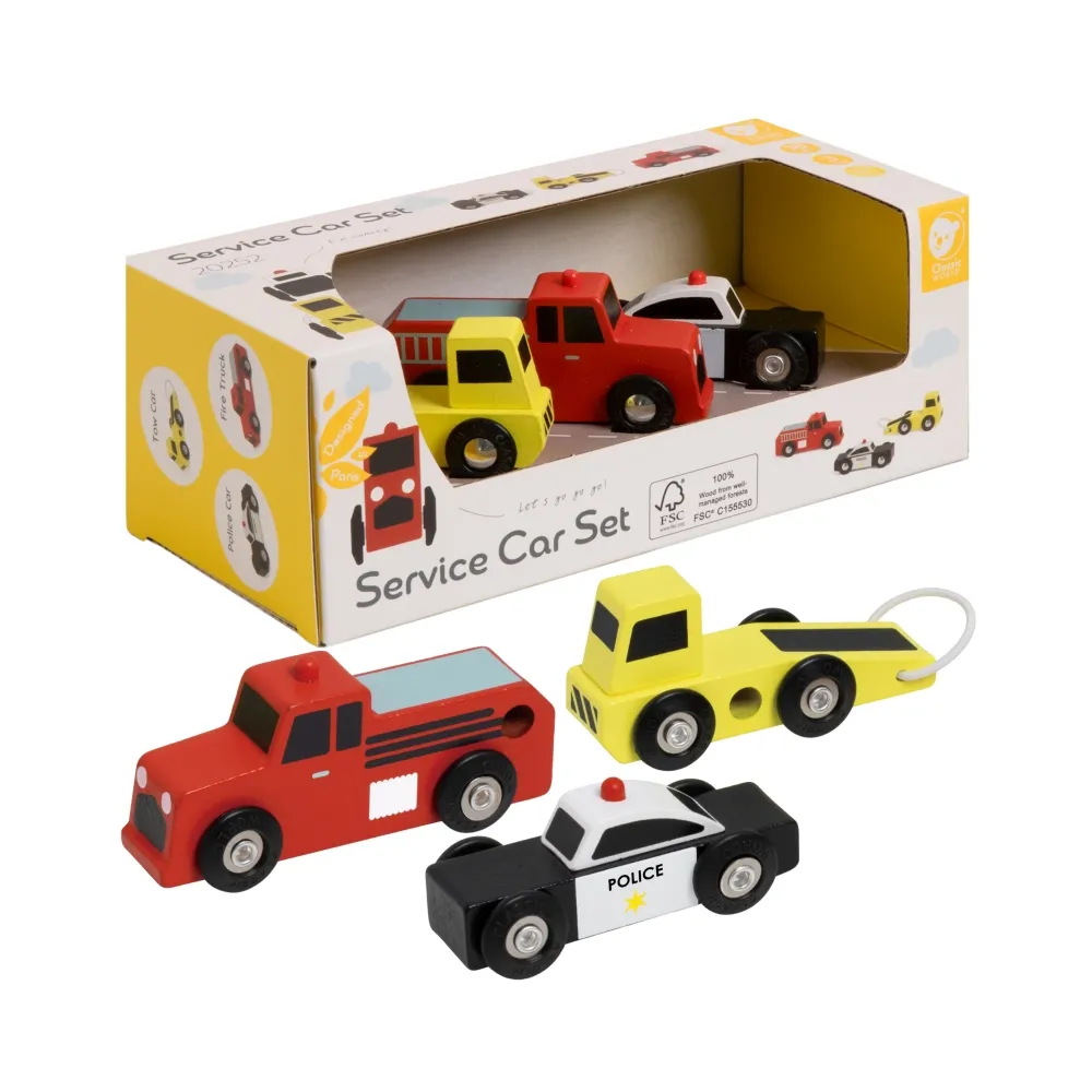 CLASSIC WORLD Drewniane Samochodziki Policja Straż Laweta Zestaw 3 szt.