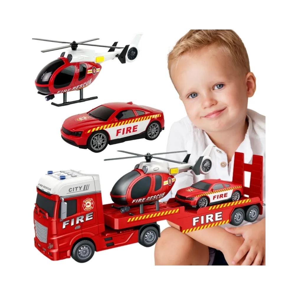 WOOPIE Zestaw Pojazdów Laweta Strażacka Helikopter Samochód Dźwięk Światła