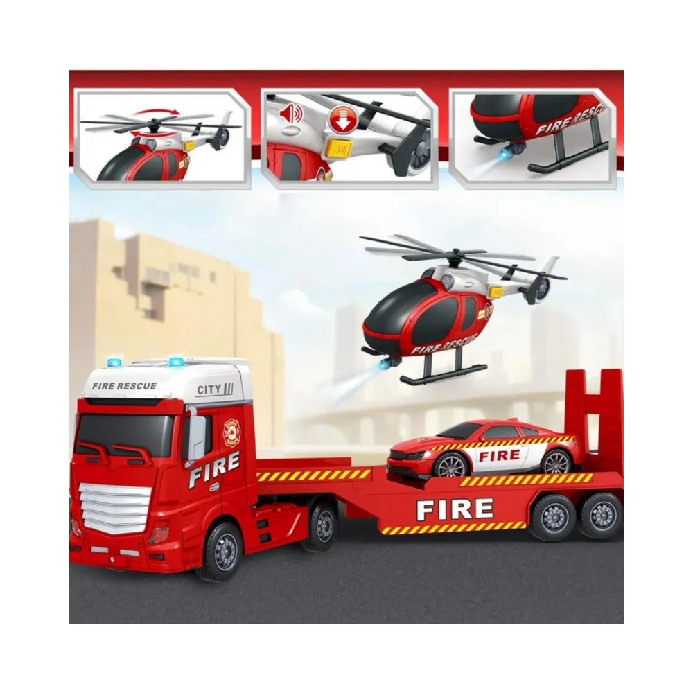 WOOPIE Zestaw Pojazdów Laweta Strażacka Helikopter Samochód Dźwięk Światła