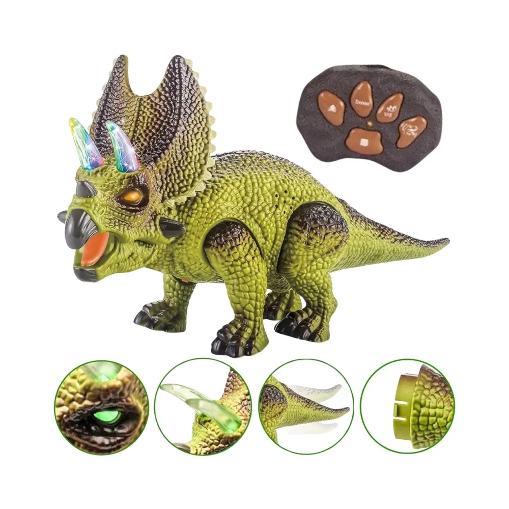 Zdalnie sterowany Triceratops w ruchu na tle zieleni