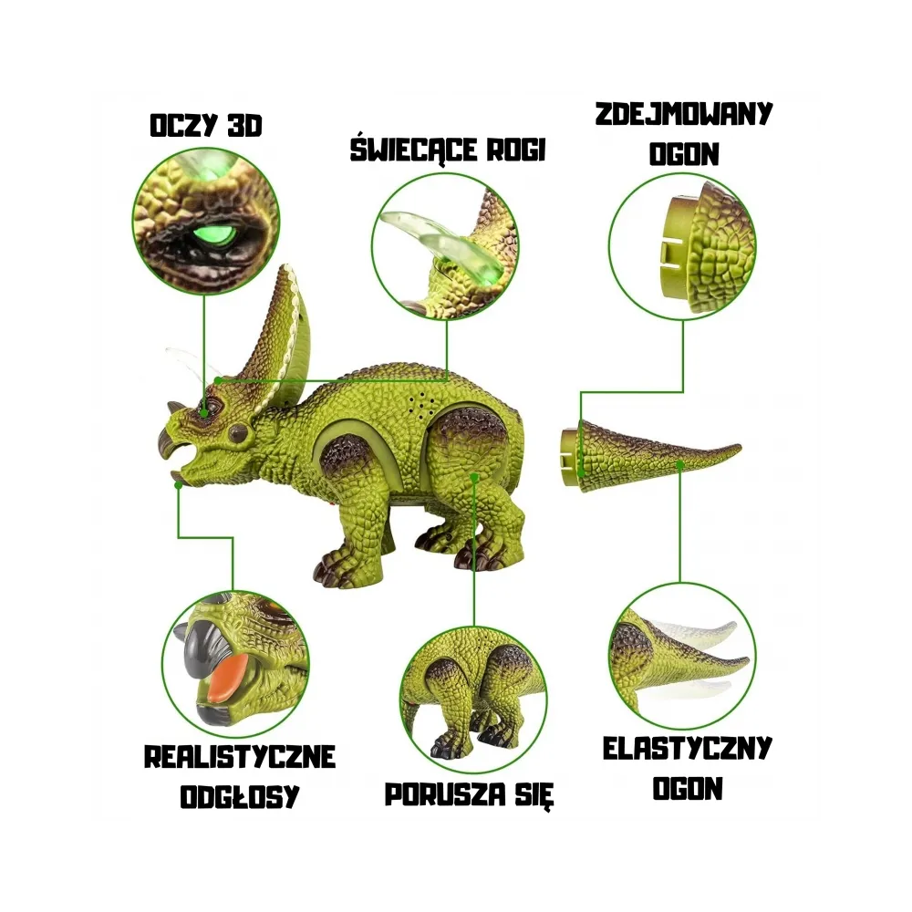 Zabawkowy dinozaur z podświetlanymi rogami i oczami