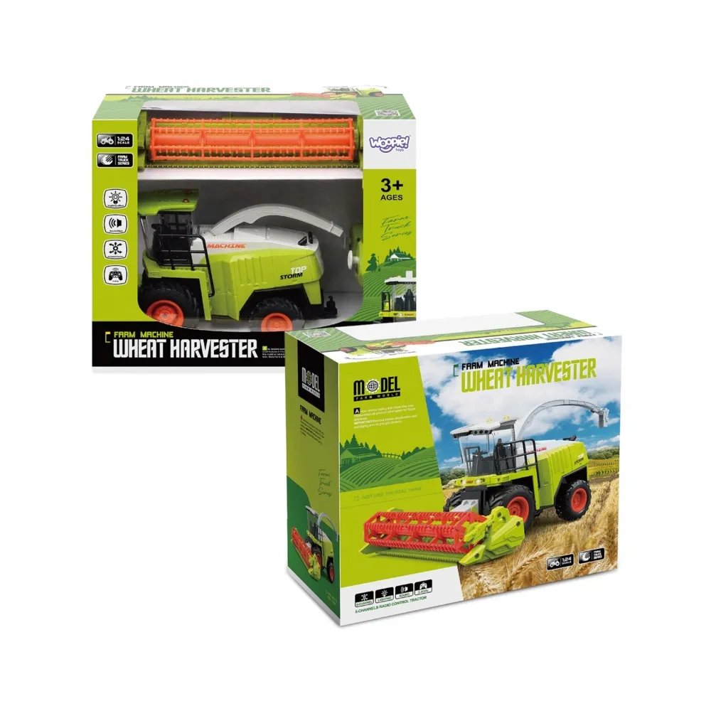 Kombajn rolniczy z dużymi terenowymi kołami i oświetleniem