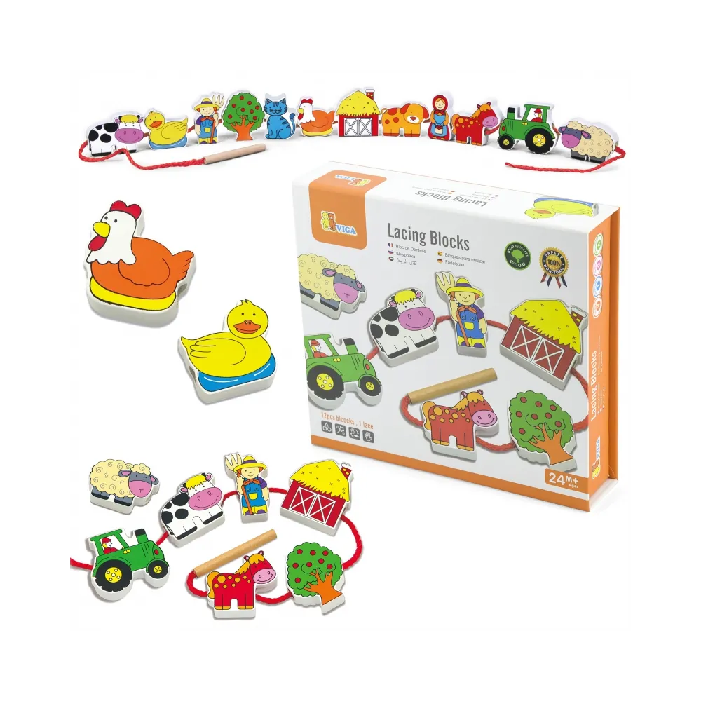 Drewniane klocki do nawlekania z motywem farmy