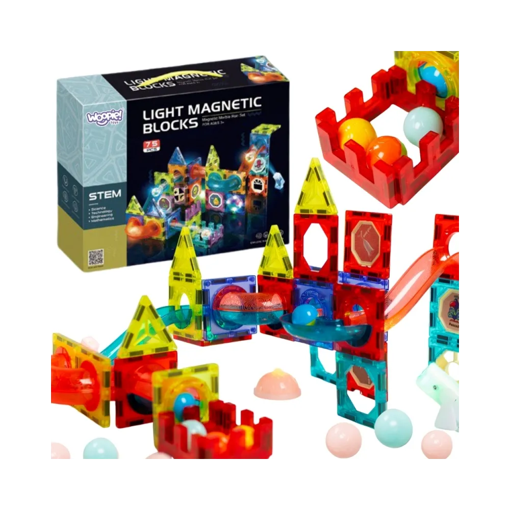 WOOPIE Klocki Magnetyczne Tor Kulkowy Świetlny Kulodrom 75 el.
