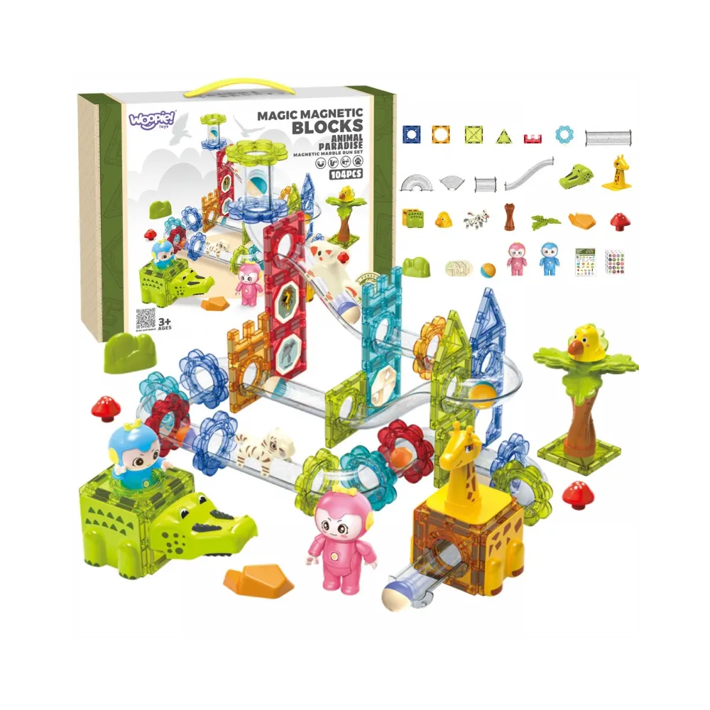WOOPIE Klocki Magnetyczne Tor Kulkowy Zwierzęcy Raj 104 el.