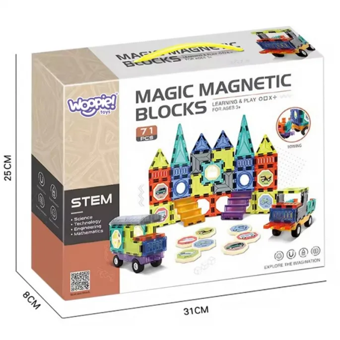 Wszystkie elementy zestawu klocków magnetycznych 3D WOOPIE na stole.