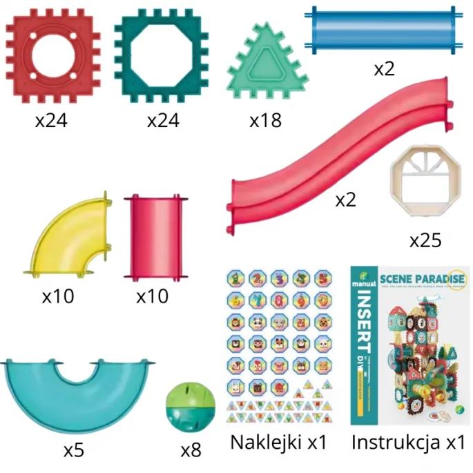 Wielopoziomowy tor kulkowy z przezroczystymi płytkami i akcesoriami