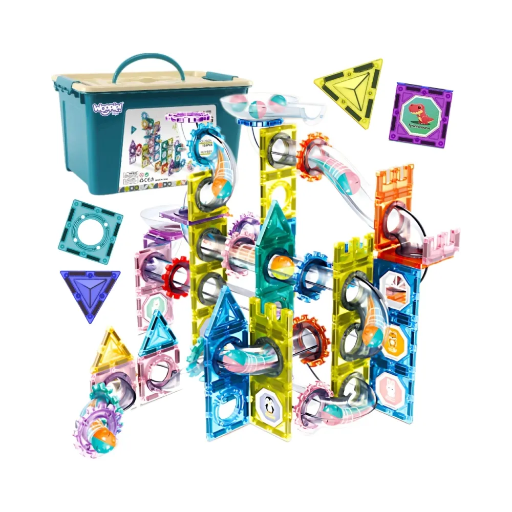 WOOPIE Klocki Magnetyczne Konstrukcyjne 3D Zestaw Edukacyjny Tor Kulkowy Kulodrom 126el.