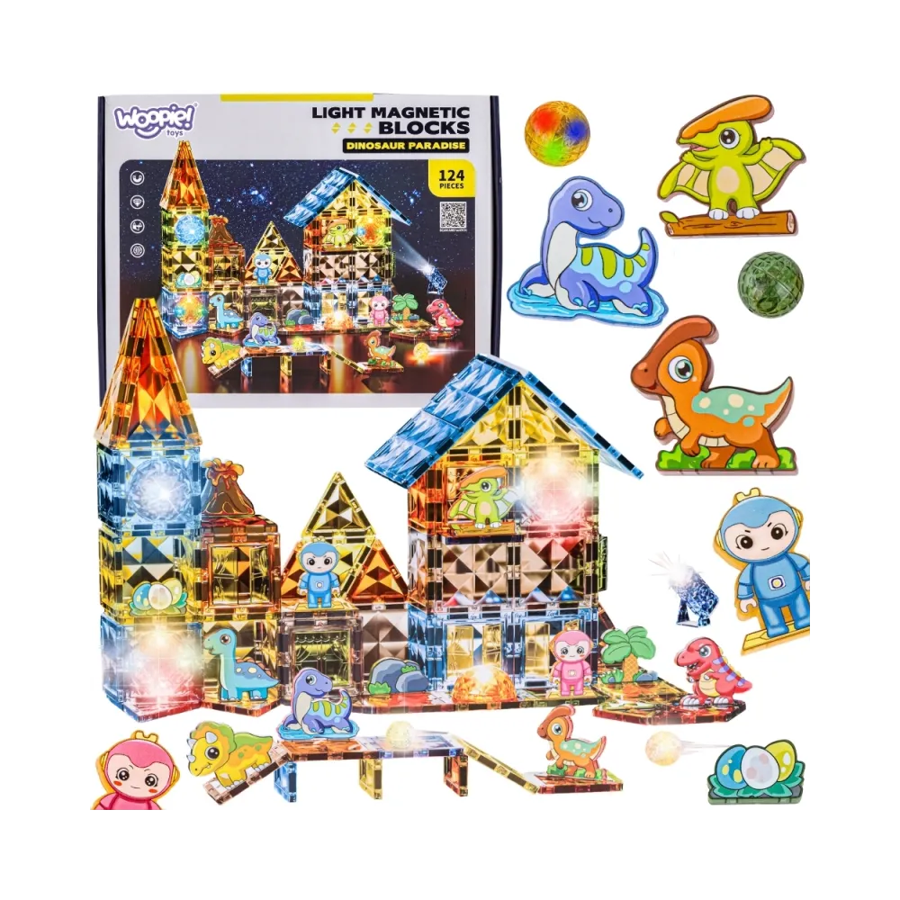 WOOPIE Klocki Magnetyczne Konstrukcyjne Świecące 3D Park Dinozaurów 124el.