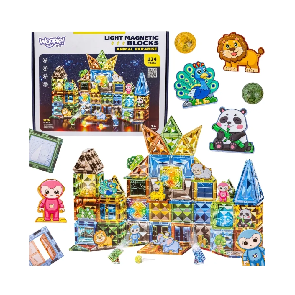 WOOPIE Klocki Magnetyczne Konstrukcyjne Świecące 3D Świat Zwierząt 124el.
