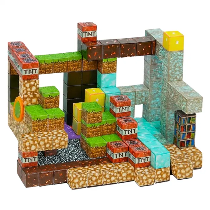 Kolorowe klocki magnetyczne WOOPIE rozłożone na jasnym tle