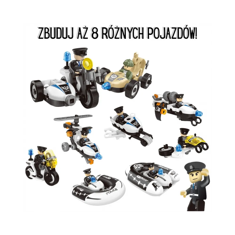 WOOPIE Klocki Konstrukcyjne Zbuduj Pojazdy Policyjne 8 Modeli STEAM – Zostań bohaterem miasta!