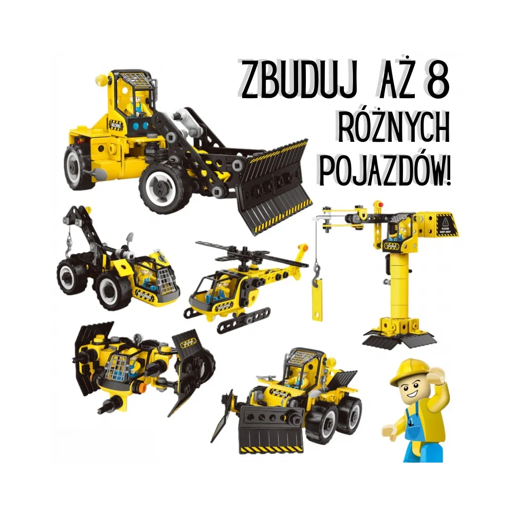 WOOPIE Klocki Konstrukcyjne Zbuduj Pojazdy Budowlane 8 Modeli STEAM