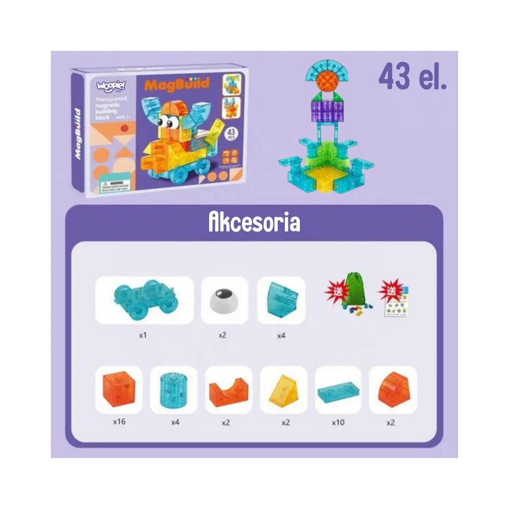 WOOPIE Przezroczyste Magnetyczne Klocki Konstrukcyjne 43 el.