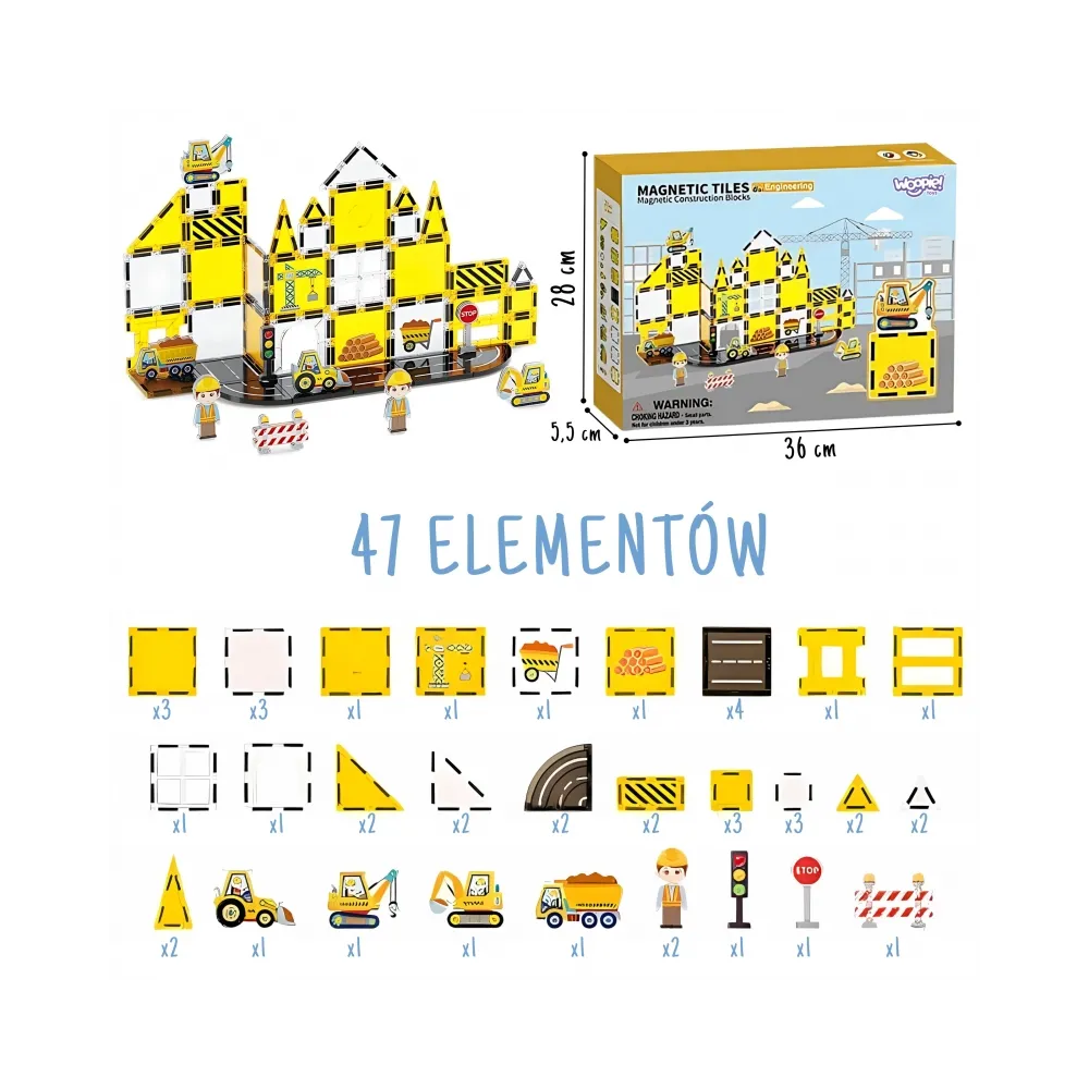 WOOPIE Magneyczne Klocki Konstrukcyjne 7,5 cm Plac Budowy STEAM 47 el.