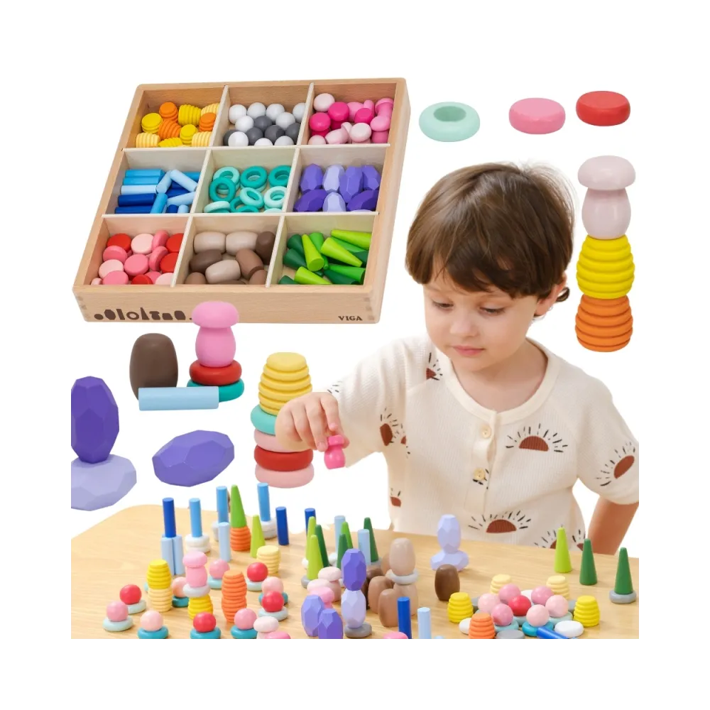 VIGA Klocki Drewniane Edukacyjne Układanka Montesori 58el