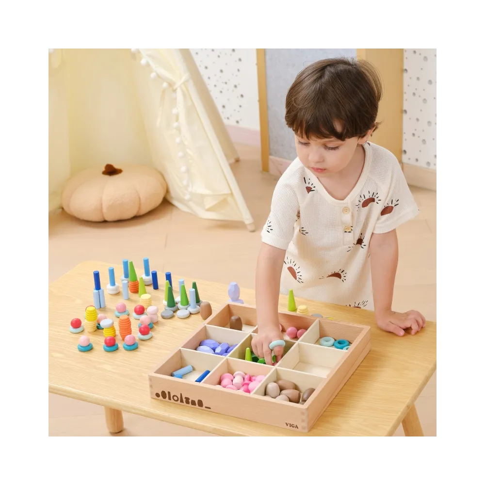 VIGA Klocki Drewniane Edukacyjne Układanka Montesori 58el