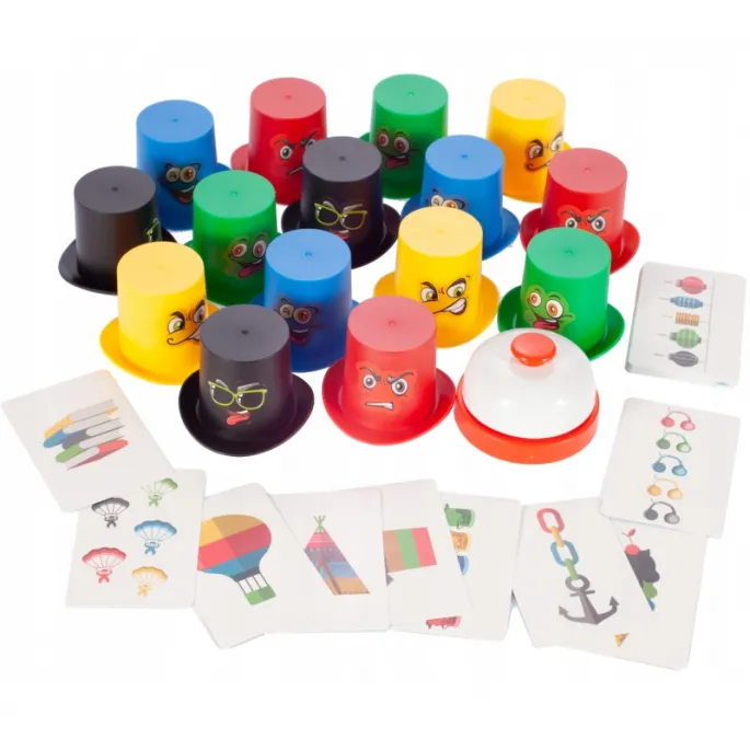 Zabawne kapelusze z buźkami w różnych kolorach