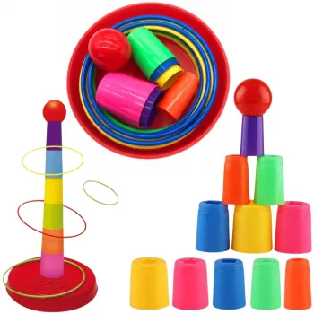 Prezentacja wielokolorowych obręczy Woopie na czerwonej podstawie