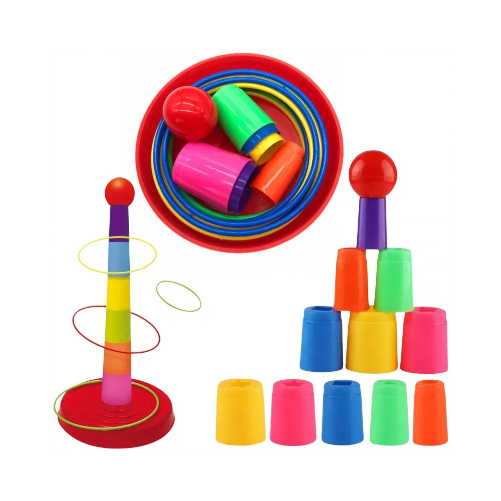 Prezentacja wielokolorowych obręczy Woopie na czerwonej podstawie