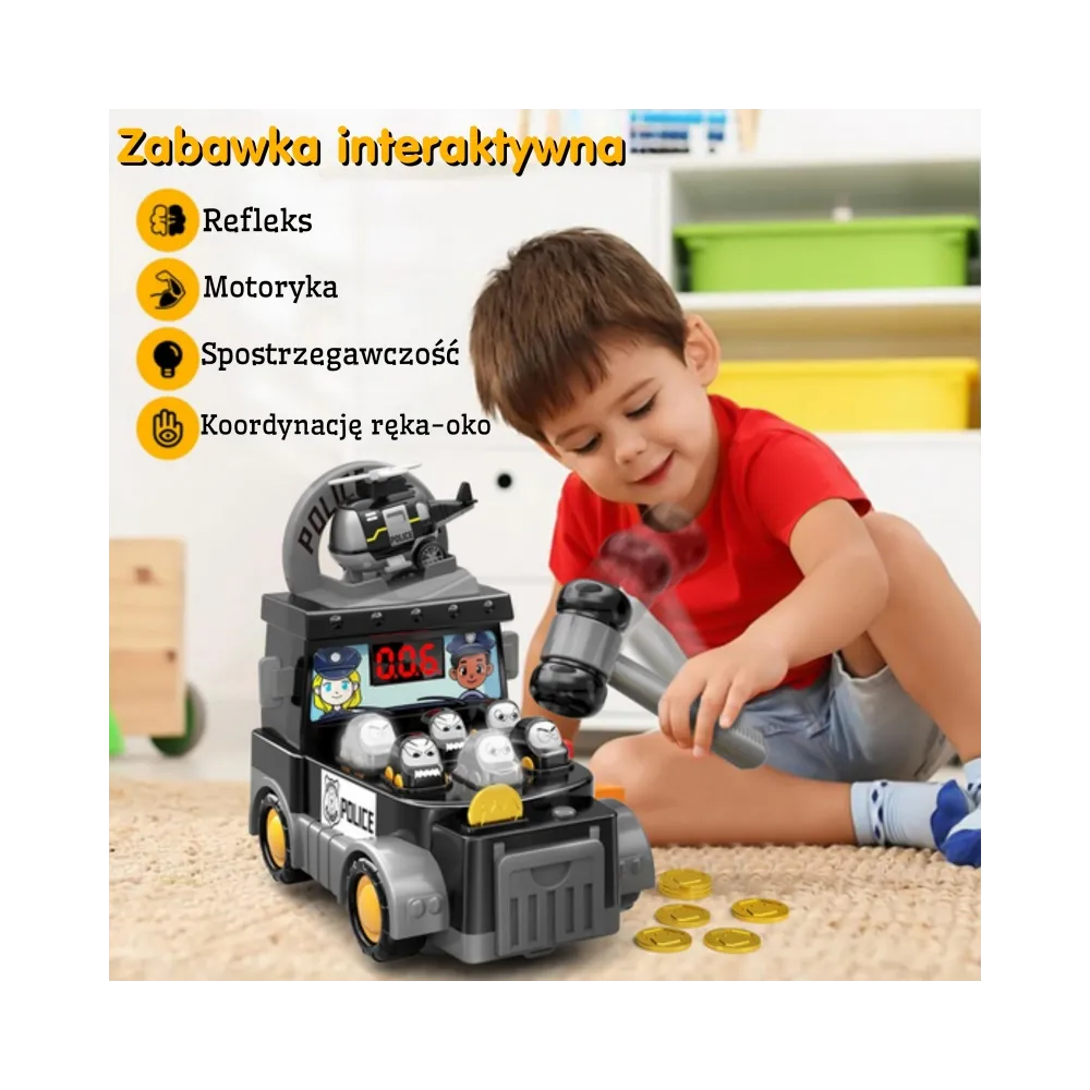 WOOPIE Gra Zręcznościowa Uderz Młotkiem Wbijak Wóz Policyjny z Akcesoriami