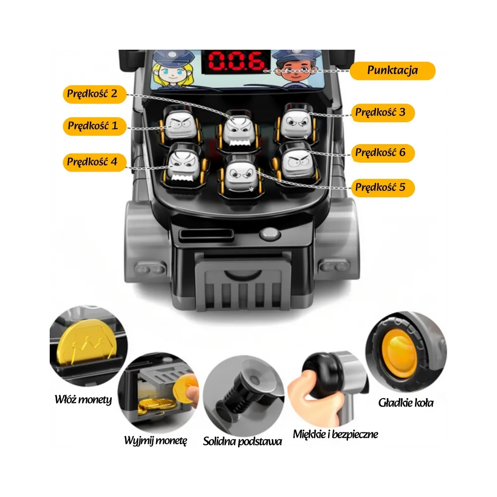 WOOPIE Gra Zręcznościowa Uderz Młotkiem Wbijak Wóz Policyjny z Akcesoriami