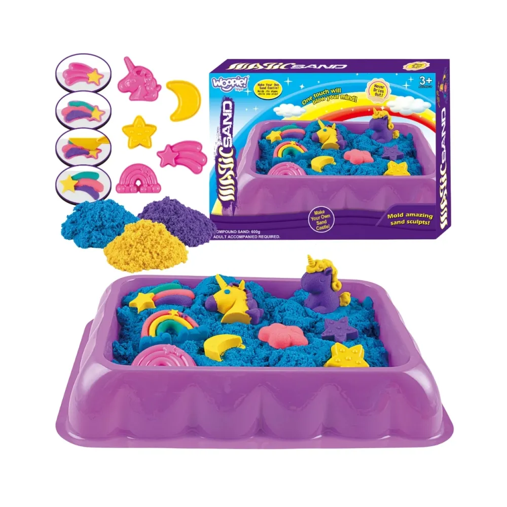 WOOPIE Piasek Kinetyczny 0,6 kg Zestaw Jednorożec Stolik z Foremkami