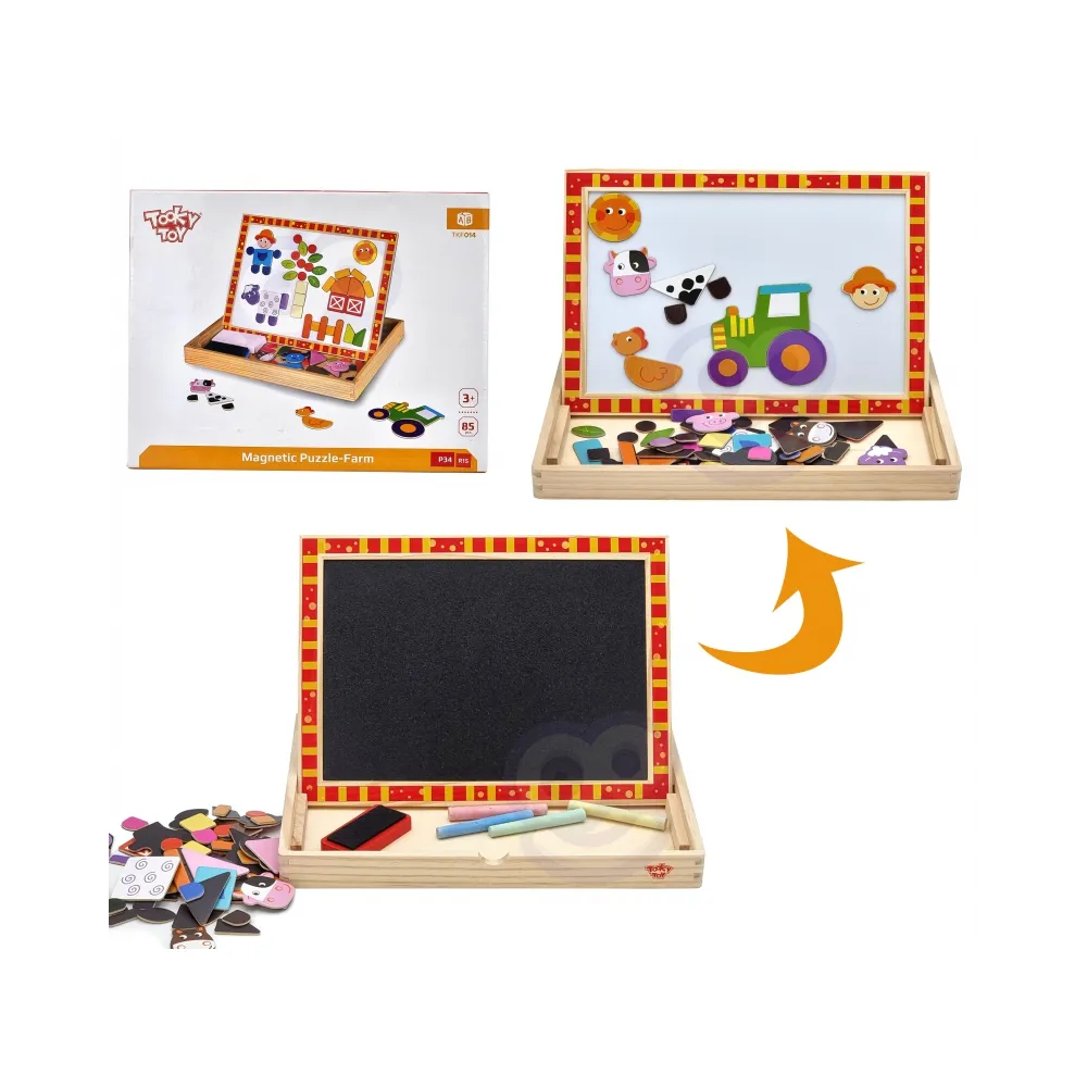TOOKY TOY Drewniana Tablica Dwustronna Puzzle Układanka Magnetyczna Farma