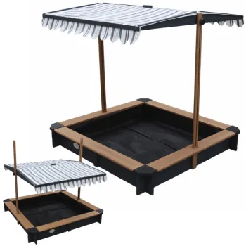 Drewniana piaskownica z regulowanym daszkiem dla dzieci.