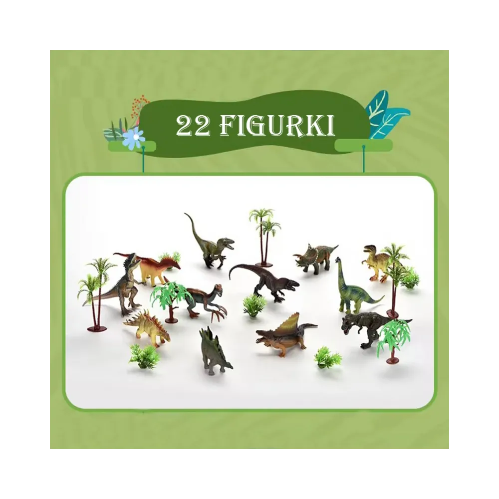 Realistyczne figurki dinozaurów w różnorodnych pozach.