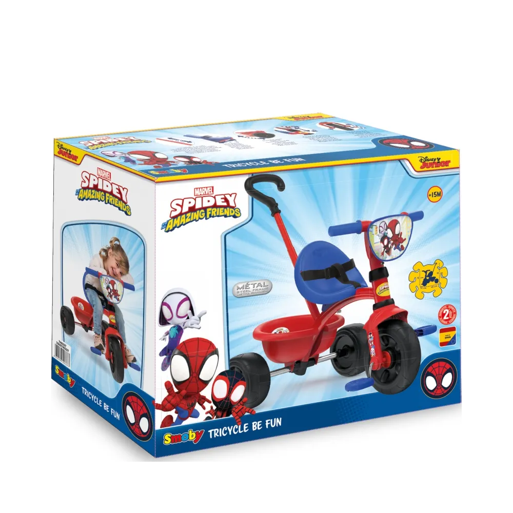 Trójkołowiec SMOBY z regulowaną rączką i solidną stalową ramą.