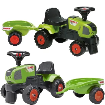Traktorek Baby Claas Axos 310 z zieloną przyczepką.