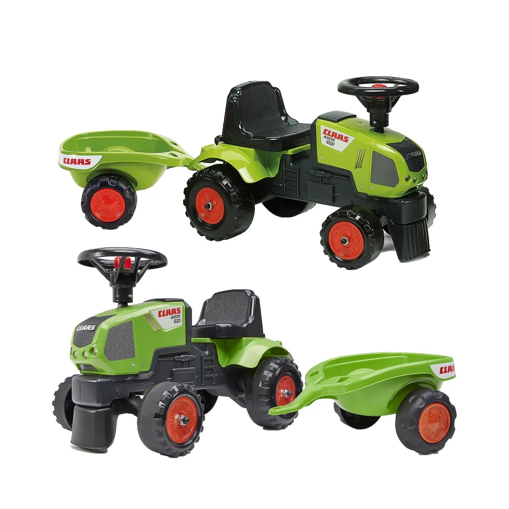 Traktorek Baby Claas Axos 310 z zieloną przyczepką.