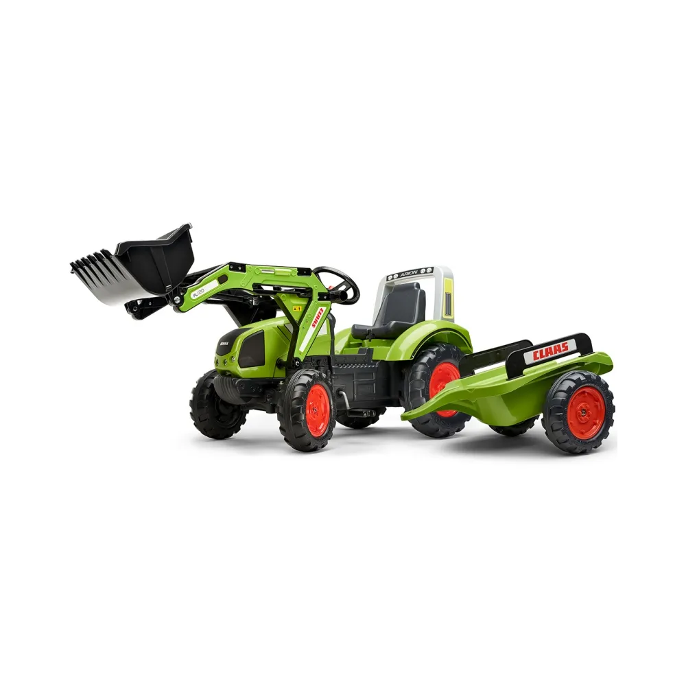 Zielony traktor na pedały z łyżką i przyczepką dla dzieci.