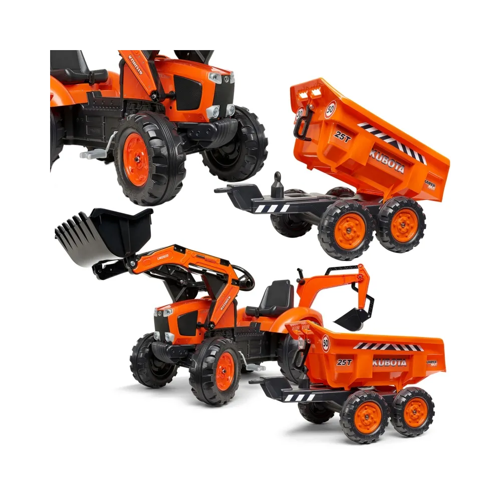 FALK traktorek Kubota pomarańczowy z przyczepką dla dzieci