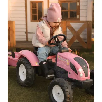 Zabawka dla dzieci - traktor różowy na pedały z akcesoriami
