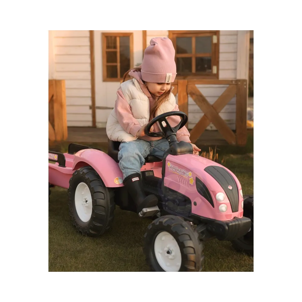 Zabawka dla dzieci - traktor różowy na pedały z akcesoriami