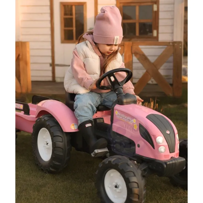 Zabawka dla dzieci - traktor różowy na pedały z akcesoriami