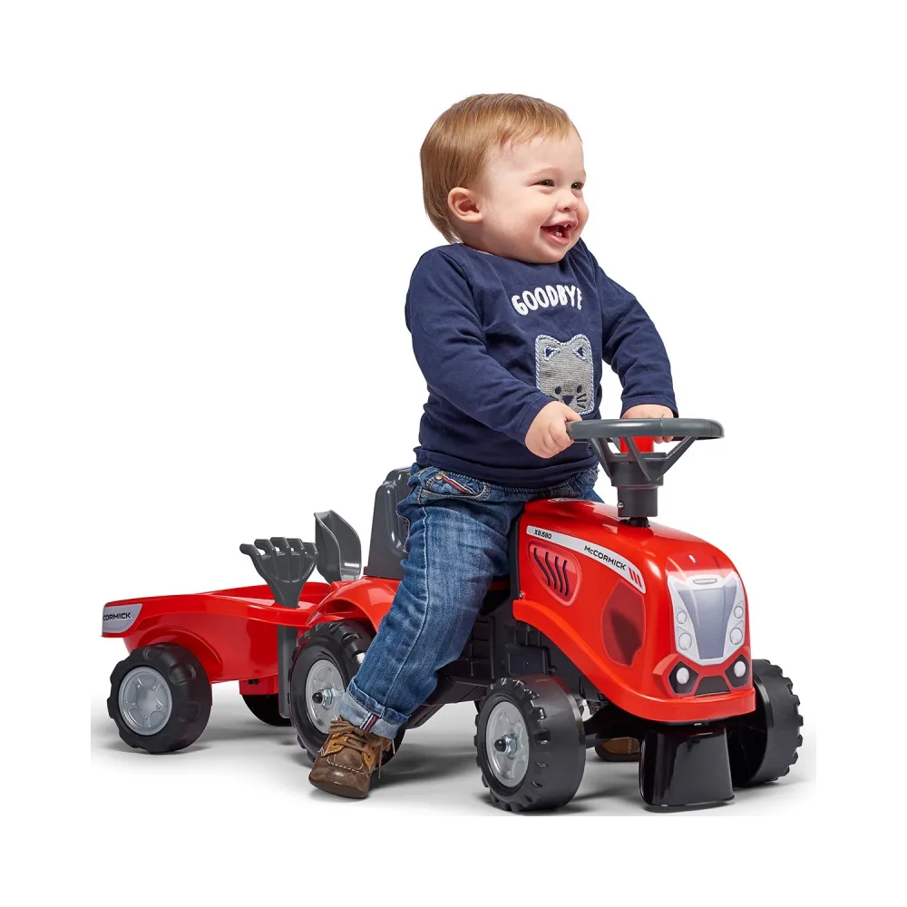 FALK Traktorek Baby Mac Cormick Czerwony z Przyczepką + akc. od 1 roku