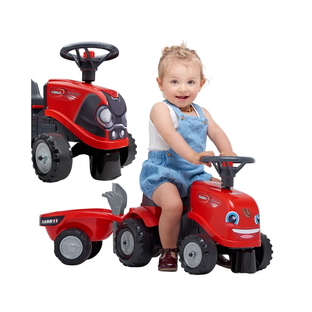 Czerwony jeździk traktorek dla dzieci z przyczepką