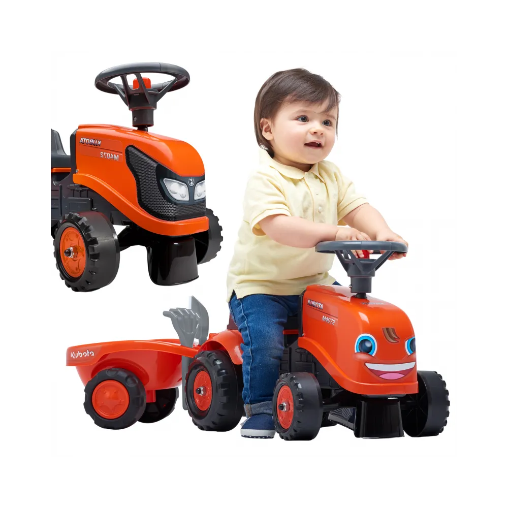 Pomarańczowy traktorek dla dzieci z przyczepką