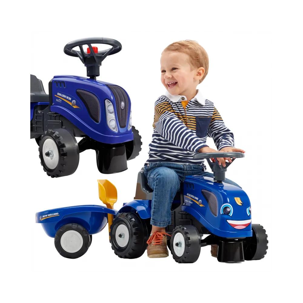 FALK Traktorek Baby New Holland Niebieski z Przyczepką + akc. od 1 roku