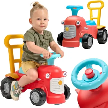 Czerwony traktorek jeździk dla dzieci z funkcją pchacza