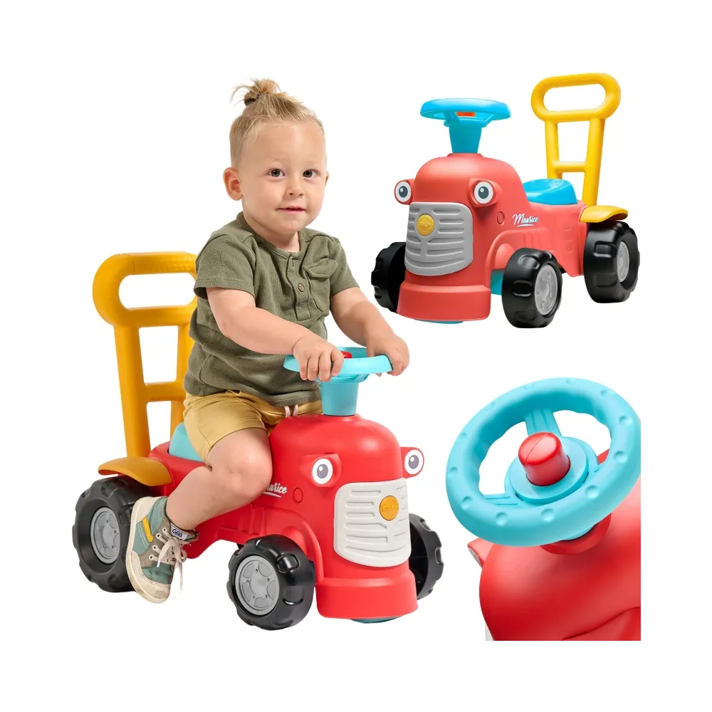 Czerwony traktorek jeździk dla dzieci z funkcją pchacza