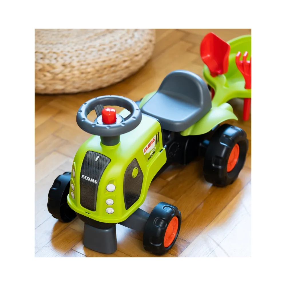 Bezpieczny traktorek z przyczepką do zabawy