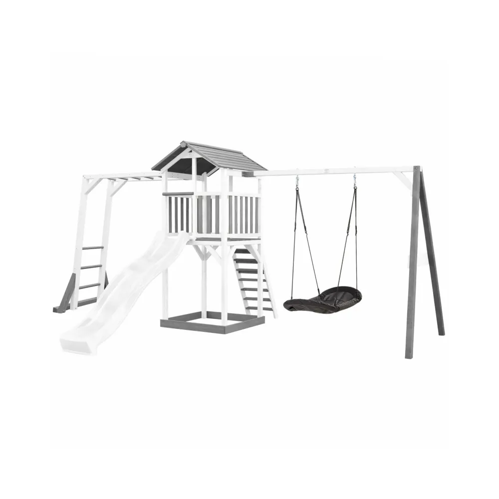 Drewniana wieża z huśtawką dla dzieci