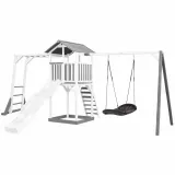 Drewniana wieża z huśtawką dla dzieci