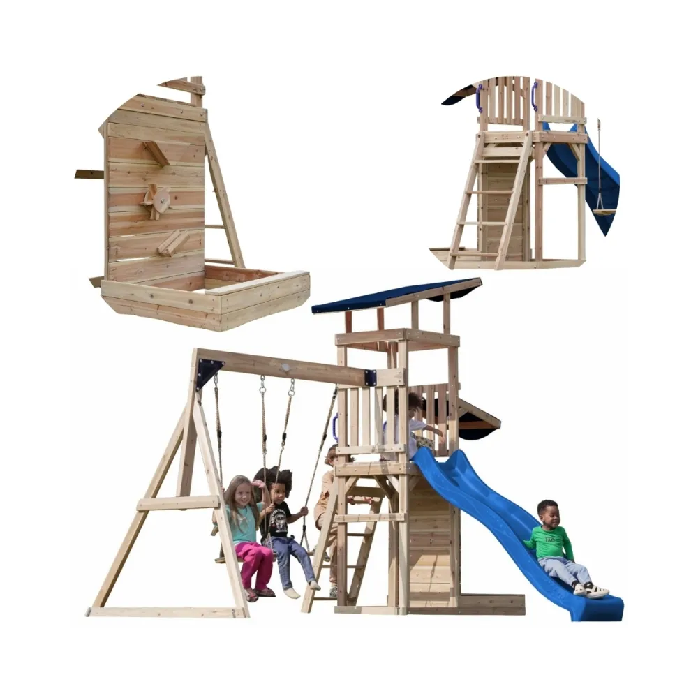 Drewniany plac zabaw z huśtawkami i zjeżdżalnią