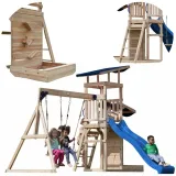 Drewniany plac zabaw z huśtawkami i zjeżdżalnią