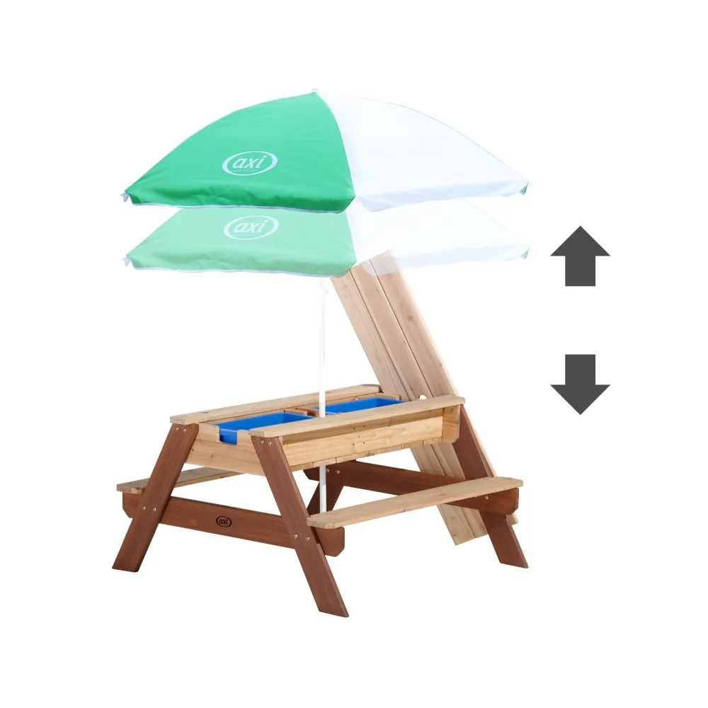 Dzieci bawią się przy stole piknikowym AXI z pojemnikami na piasek